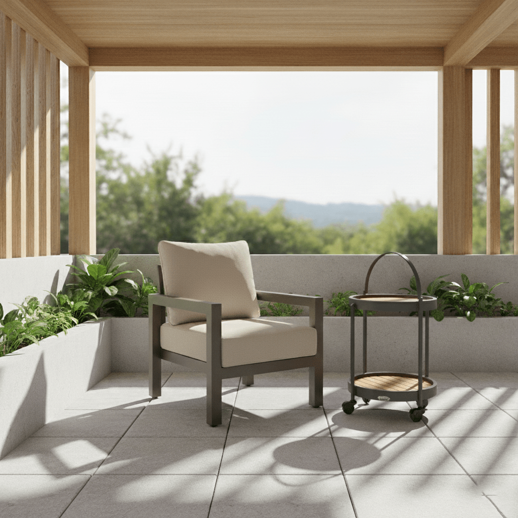 Sillón Marbella bCasual color taupe — ambientación en terraza con carro auxiliar de te estocolmoy vista a la montaña — bCasual