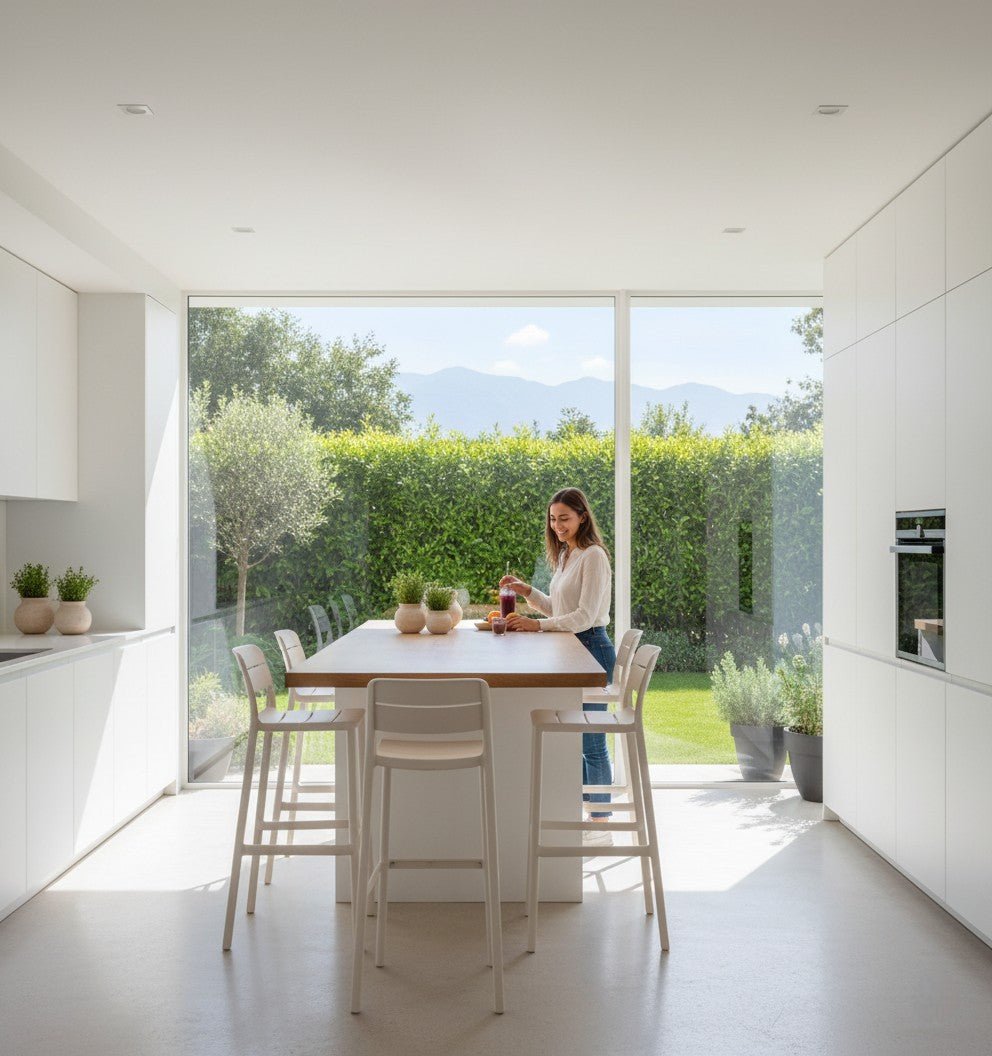 Taburetes Cassia Nardi Italia color Corda — ambiente de cocina junto a mesa de comedor con vista a jardín y montañas — bCasual